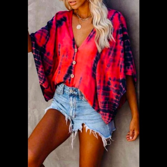 💋Sexy Deep V Neck Tie-dye Coral Red Loose Batwing Half Sleeves Button ⬇️Blouse - Picture 8 of 13